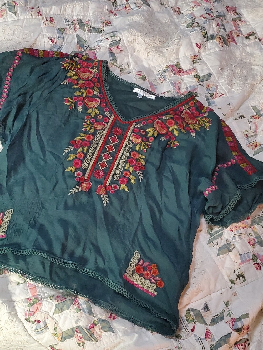 Embroidered Teal Women's Boho Top - Floral V-Neck